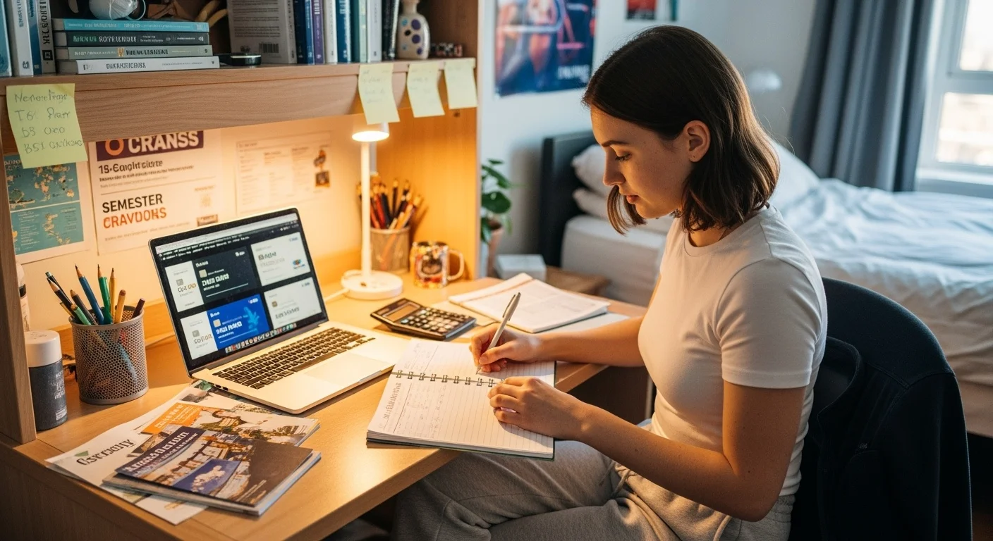 Studentin im Auslandssemester am Schreibtisch