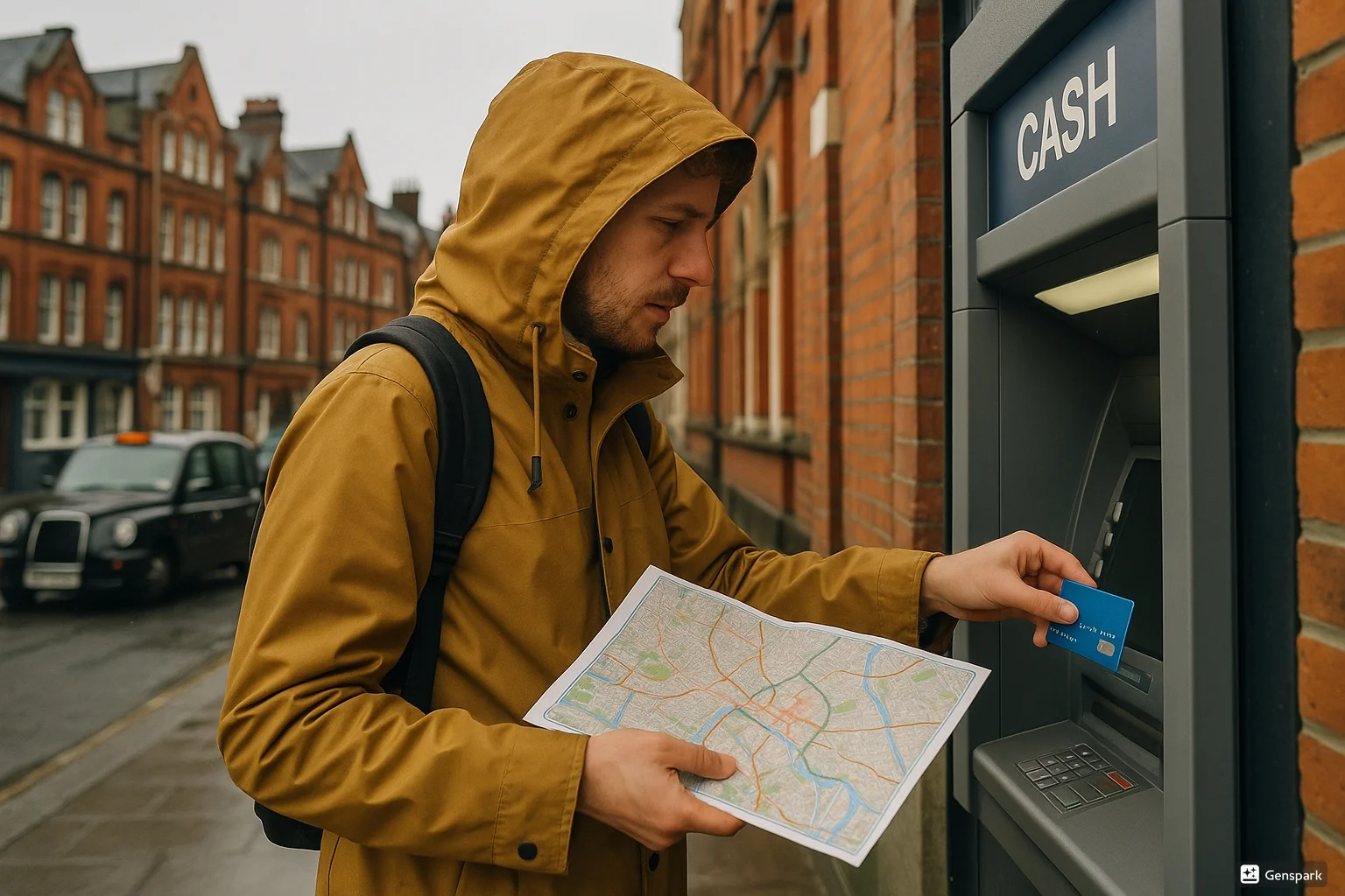 Tourist in England am Geldautomaten