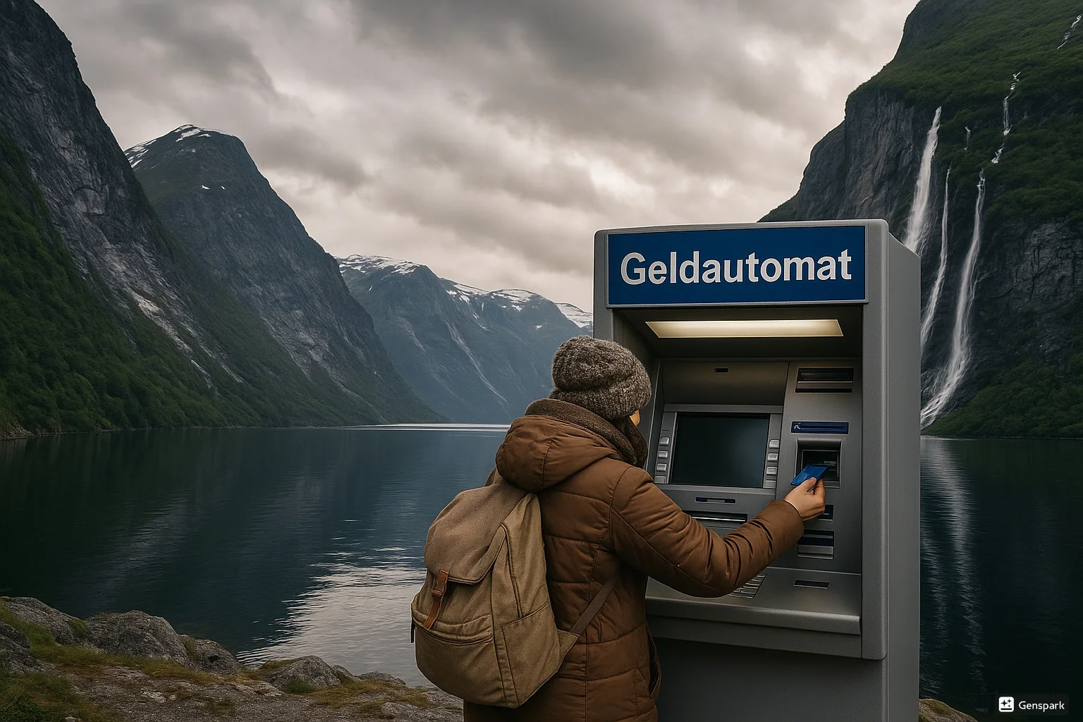 Geld ziehen an einem Geldautomat in Norwegen mitten in der Natur